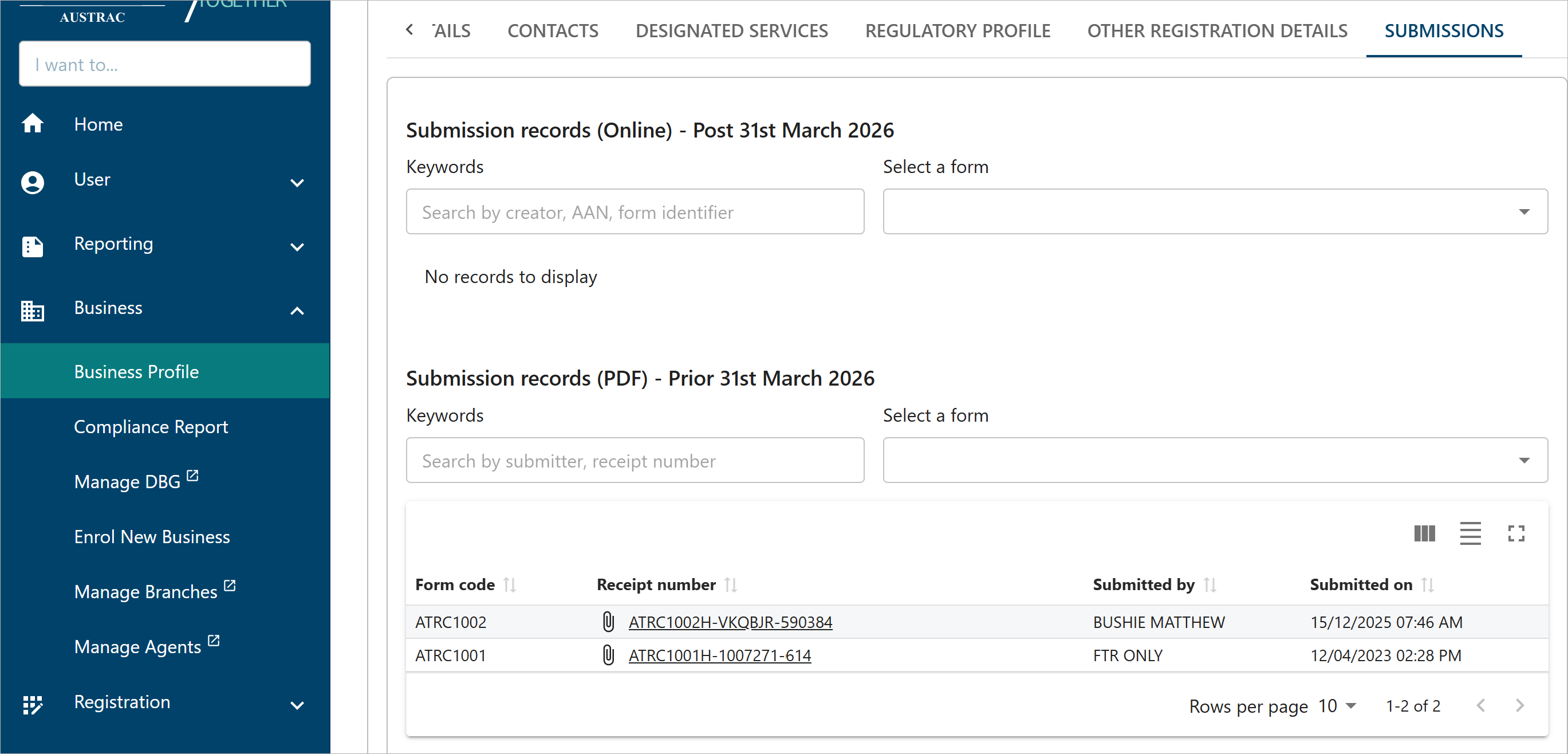 This Business Profile screen shows how you can find your history by clicking on the Submissions tab. 