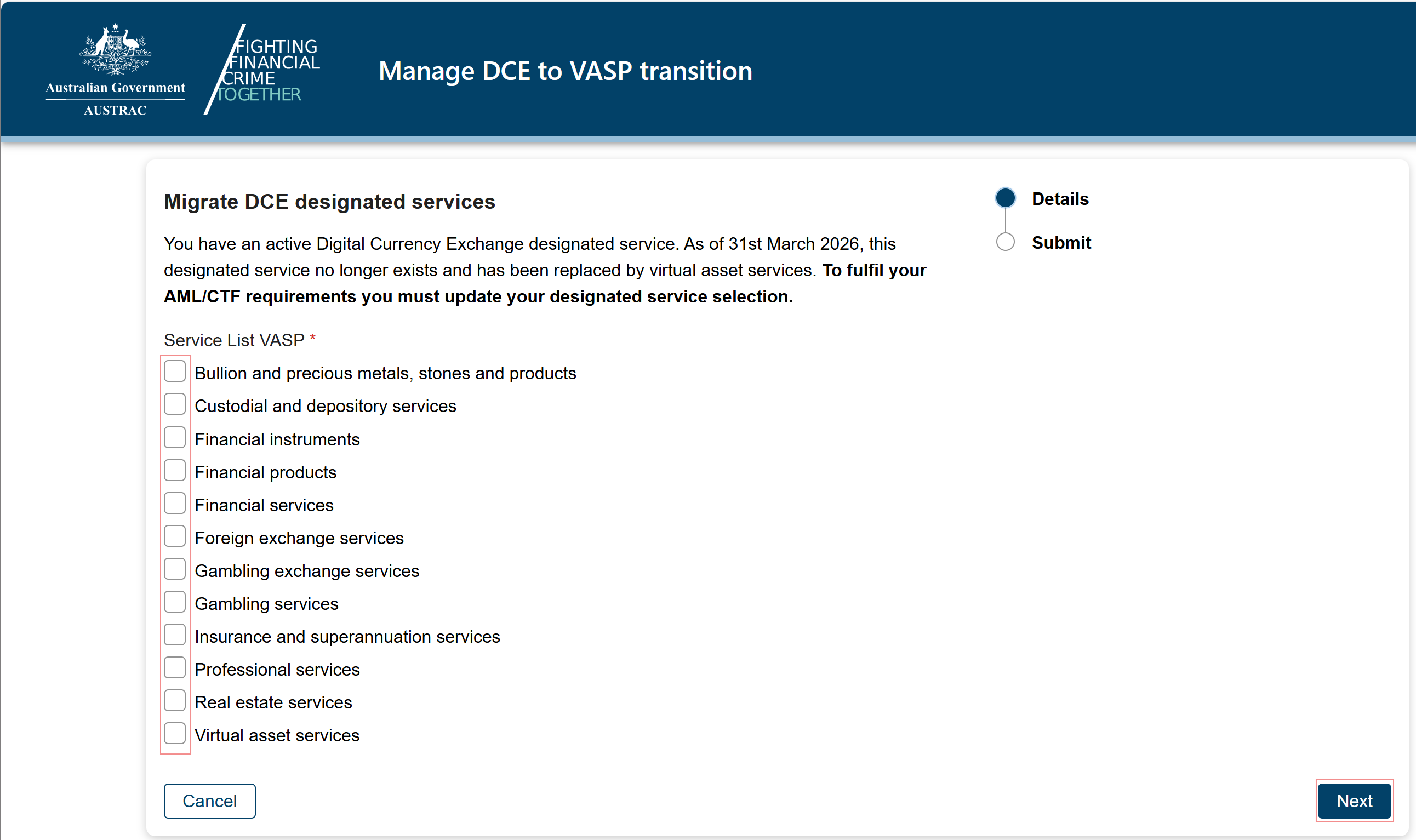 5.	A form will appear prompting you to select all the virtual asset services you provide or intend to provide.